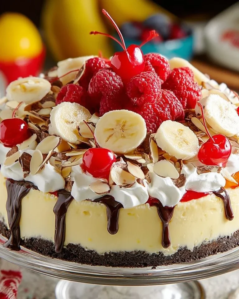 No-bake banana split cheesecake topped with whipped cream and cherry.
