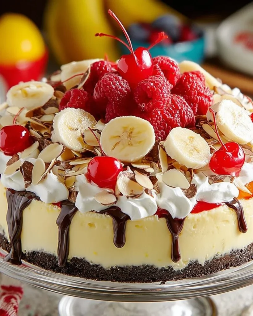 No-bake banana split cheesecake topped with whipped cream and cherry.