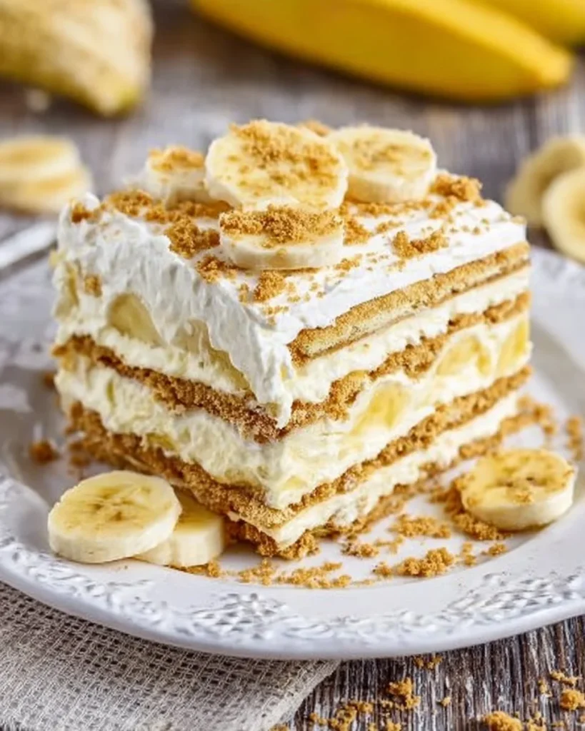 No Bake Graham Cracker Banana Icebox Cake with layers of bananas and cream