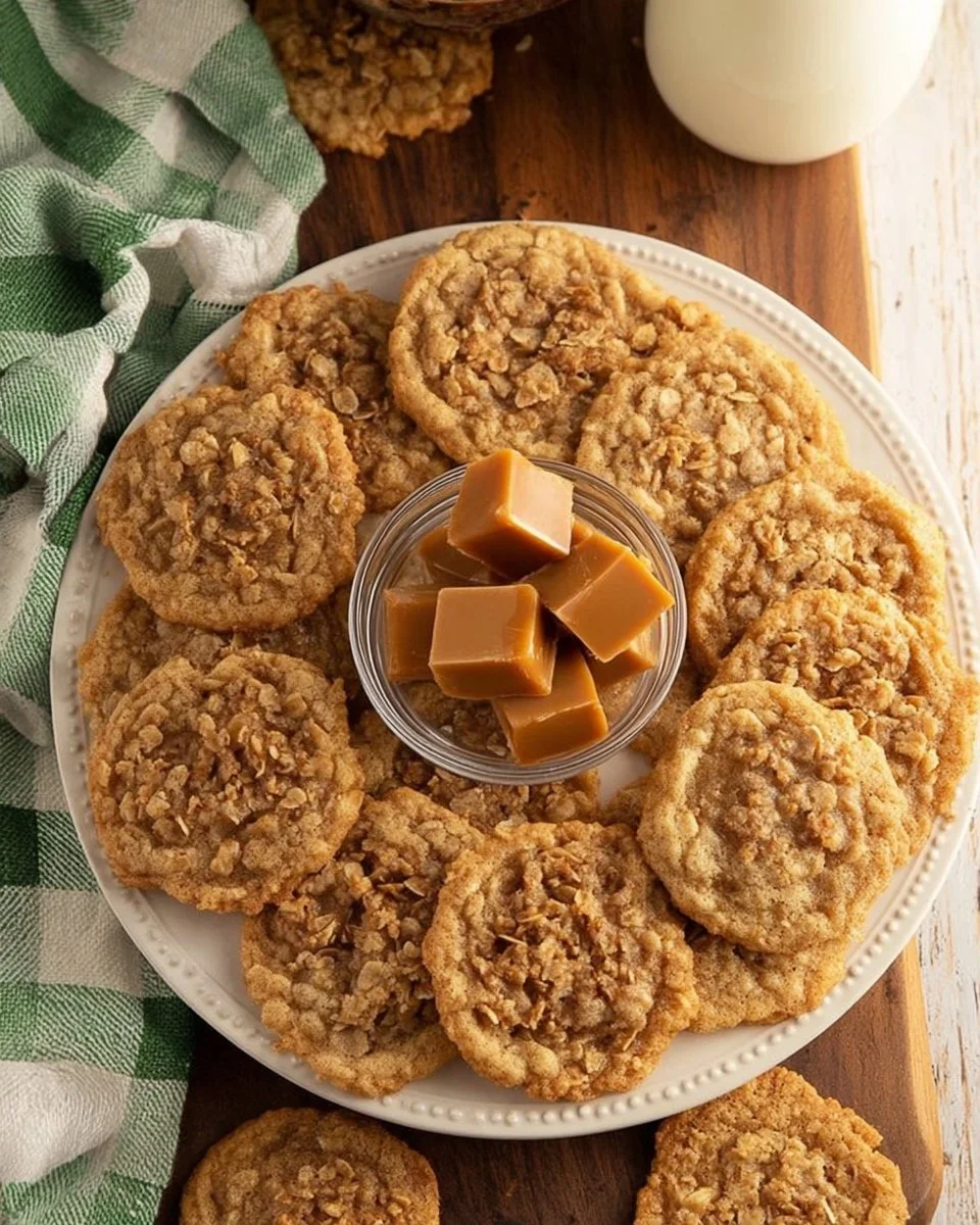 Oatmeal Toffee Cookies Freshly baked oatmeal toffee cookies on a cooling rack