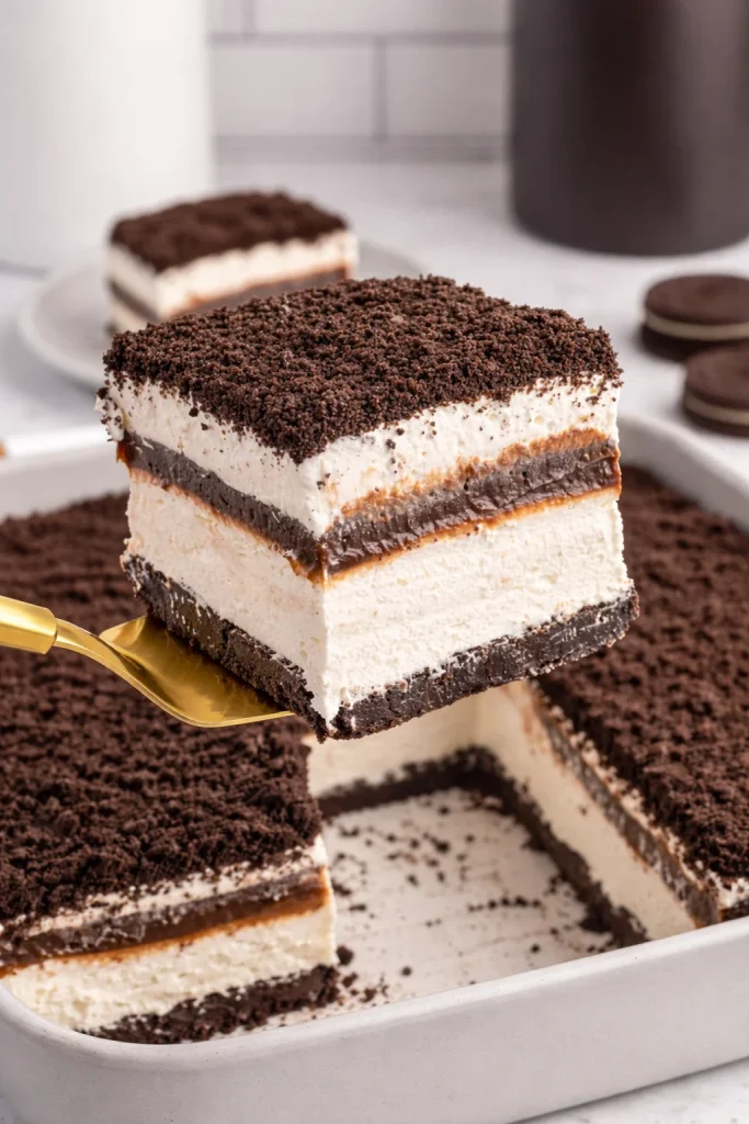 Oreo Delight dessert with layers of cream and crushed Oreos
