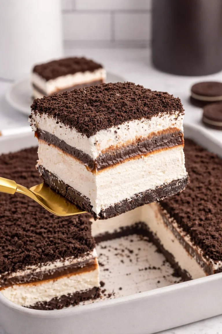 Oreo Delight dessert with layers of cream and crushed Oreos