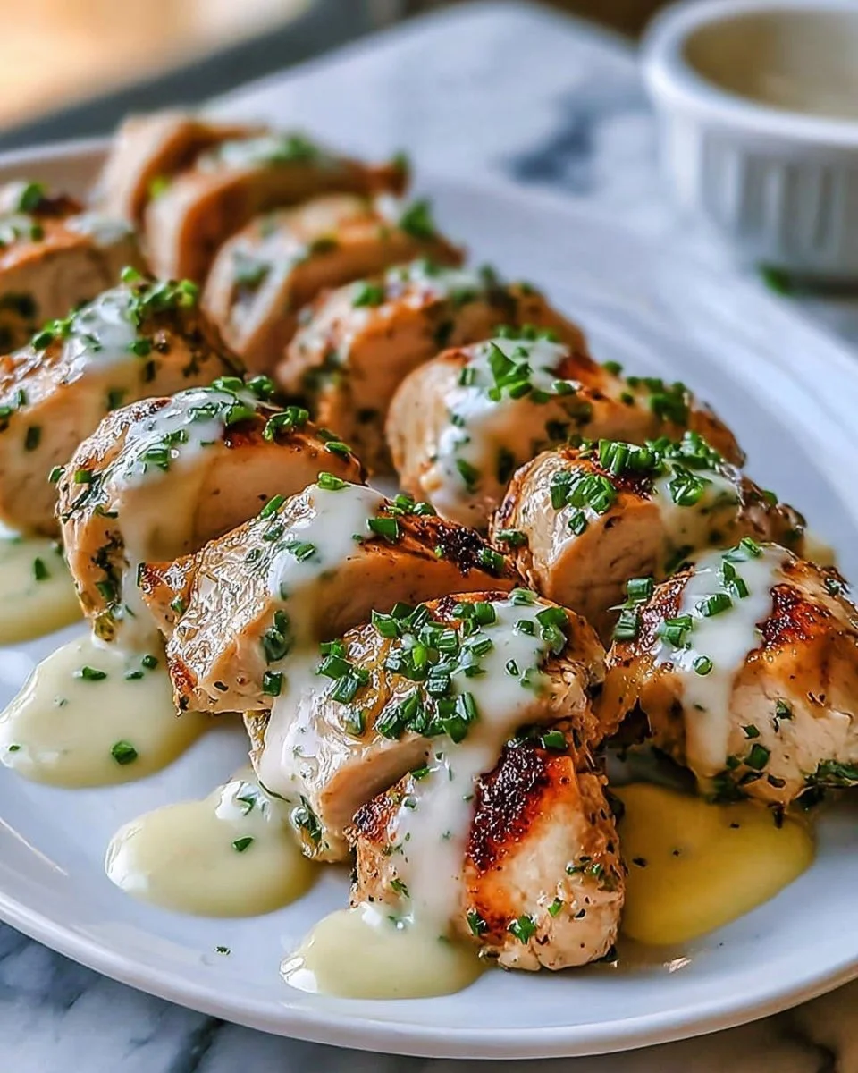 Oven-Baked Caesar Chicken with Parmesan Sauce Oven-baked Caesar chicken topped with creamy Parmesan sauce on a plate.