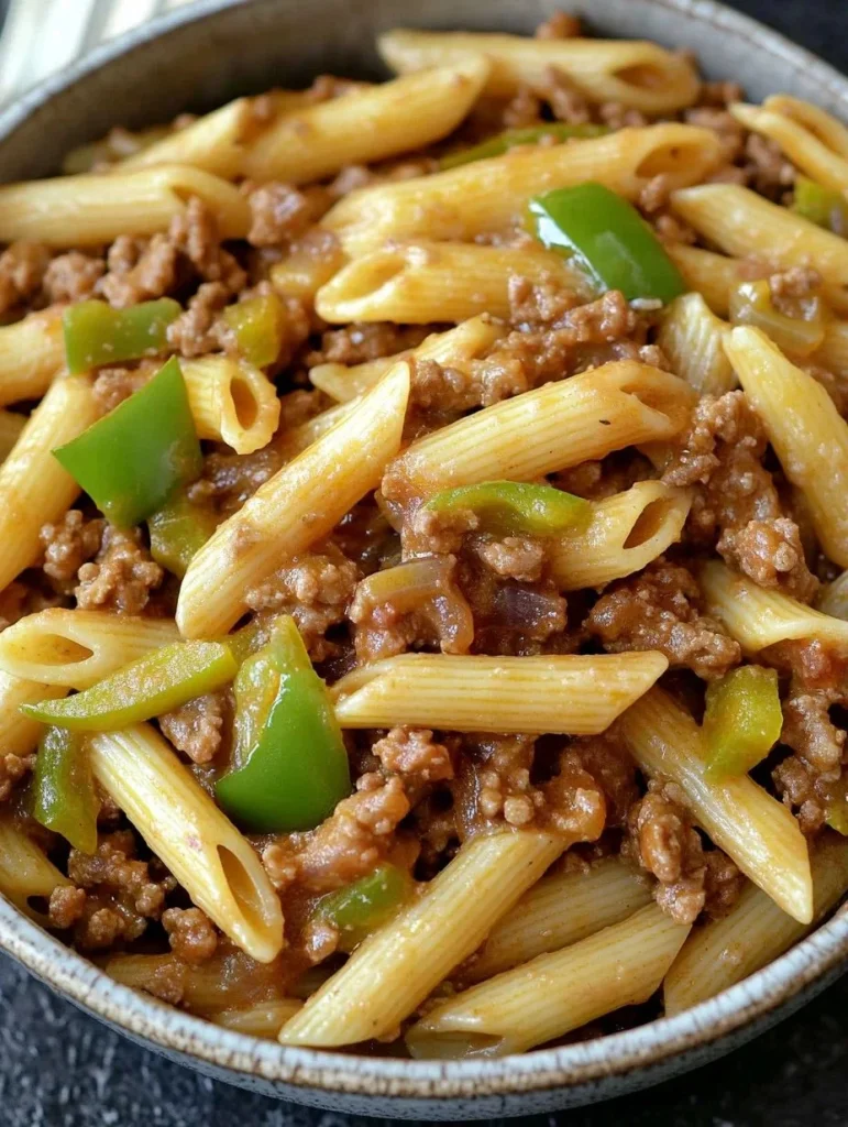 Delicious Philly cheesesteak pasta dish topped with melted cheese and peppers.
