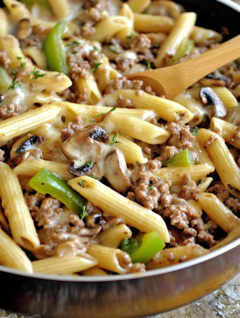 Delicious Philly Cheesesteak Pasta topped with cheese and peppers