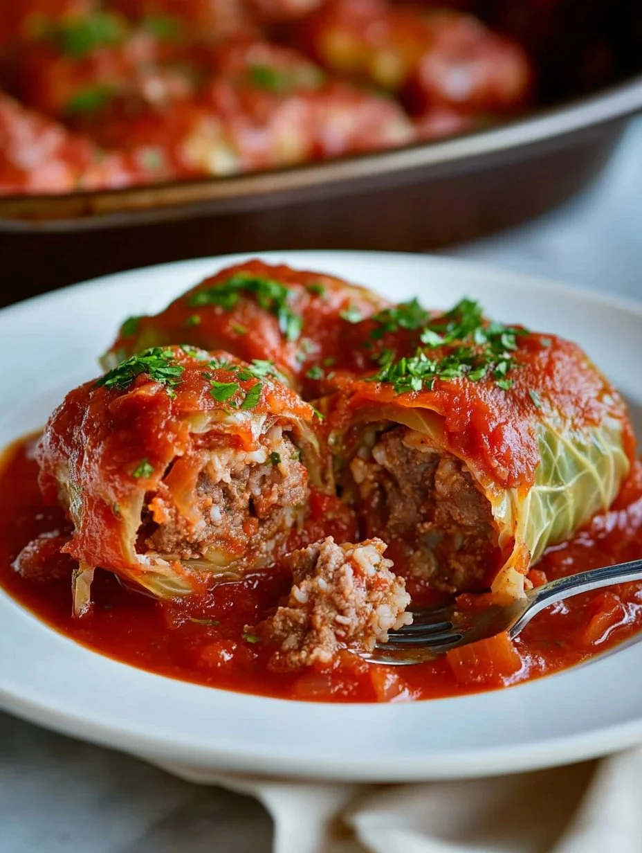 Polish Stuffed Cabbage Rolls Polish stuffed cabbage rolls filled with meat and rice served on a plate