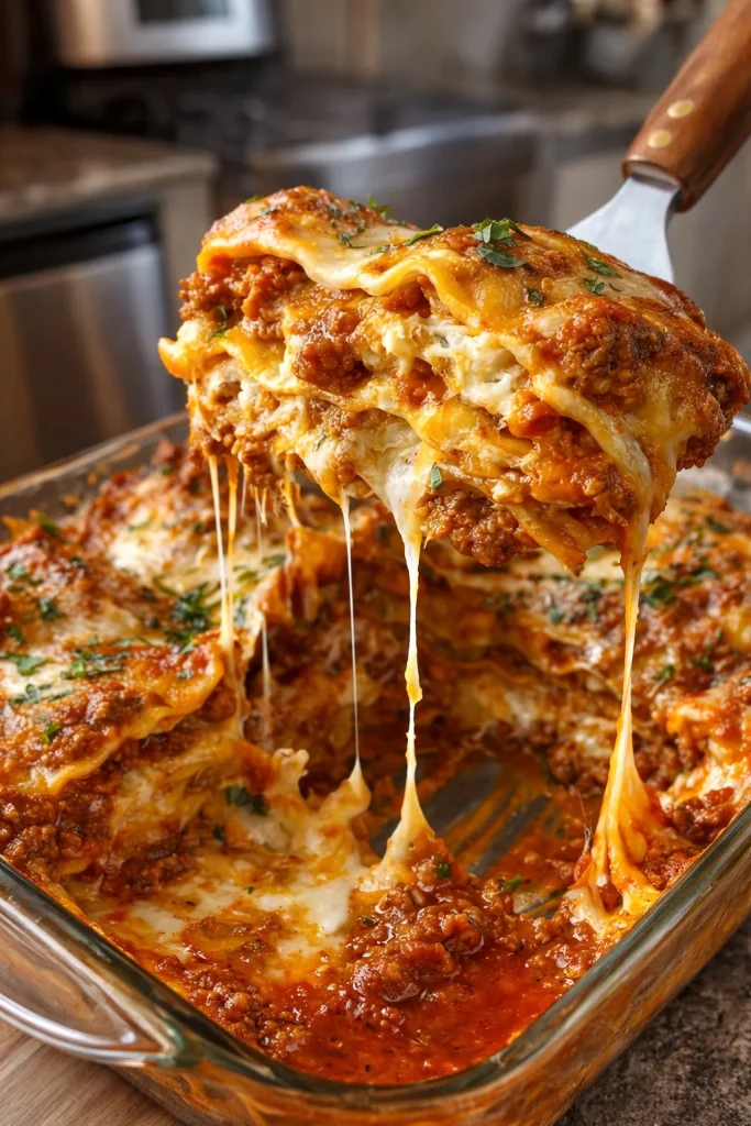 Delicious ravioli lasagna served with fresh herbs and cheese