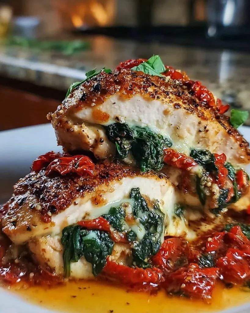 Roasted red pepper, spinach, and mozzarella stuffed chicken dish