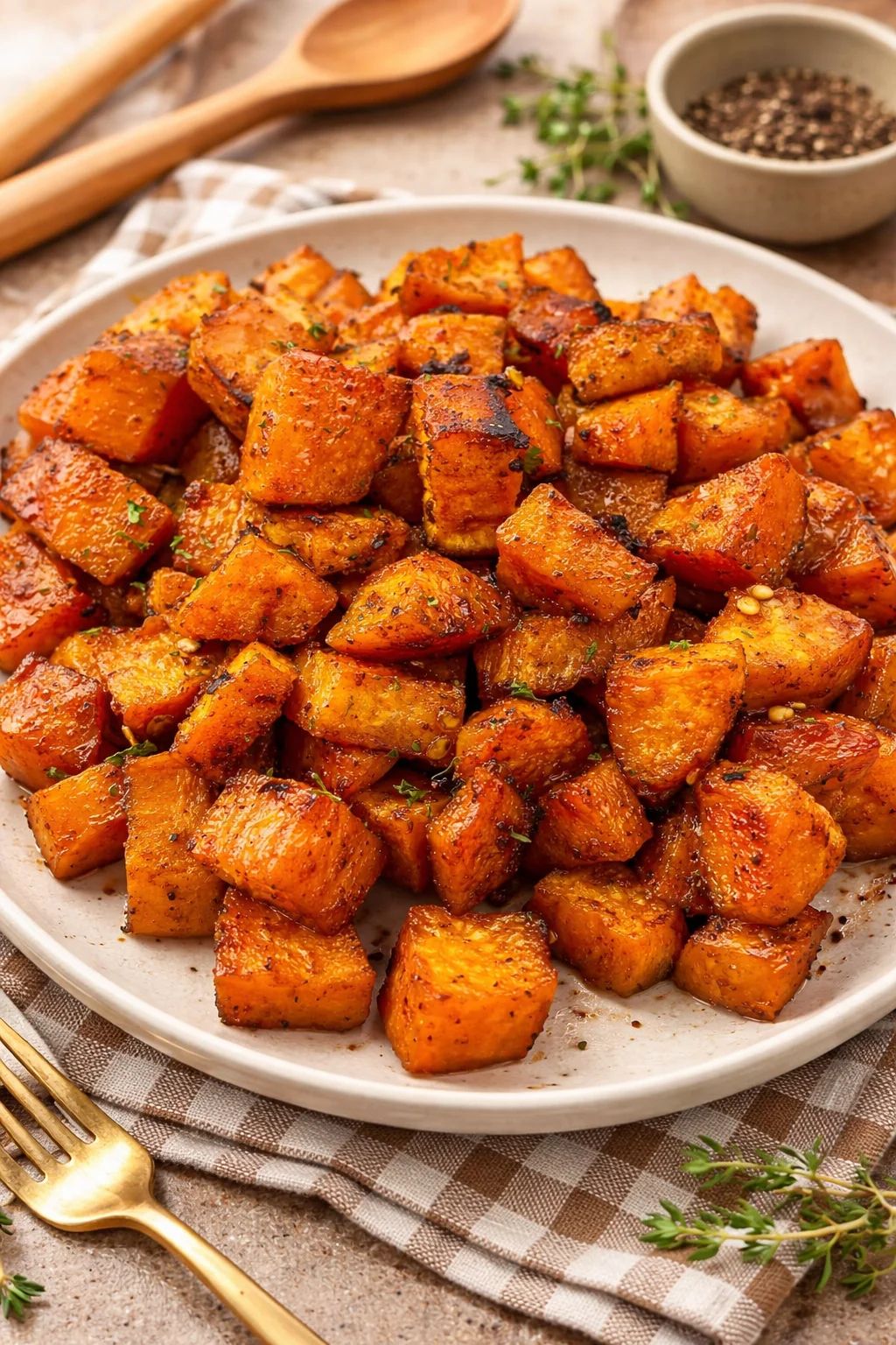 Roasted Spicy Sweet Potatoes Bowl of roasted spicy sweet potatoes garnished with herbs