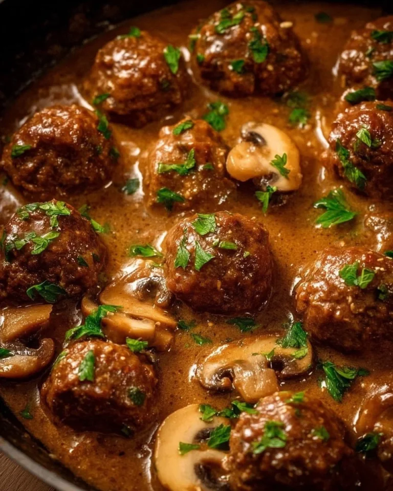 Salisbury Steak Meatballs with Mushroom Gravy Salisbury Steak Meatballs served with savory mushroom gravy on a plate