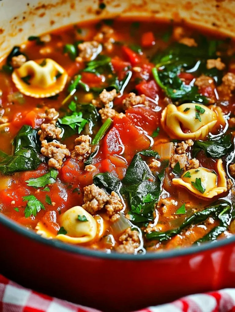 Bowl of Sausage Tortellini Soup with fresh herbs and vegetables