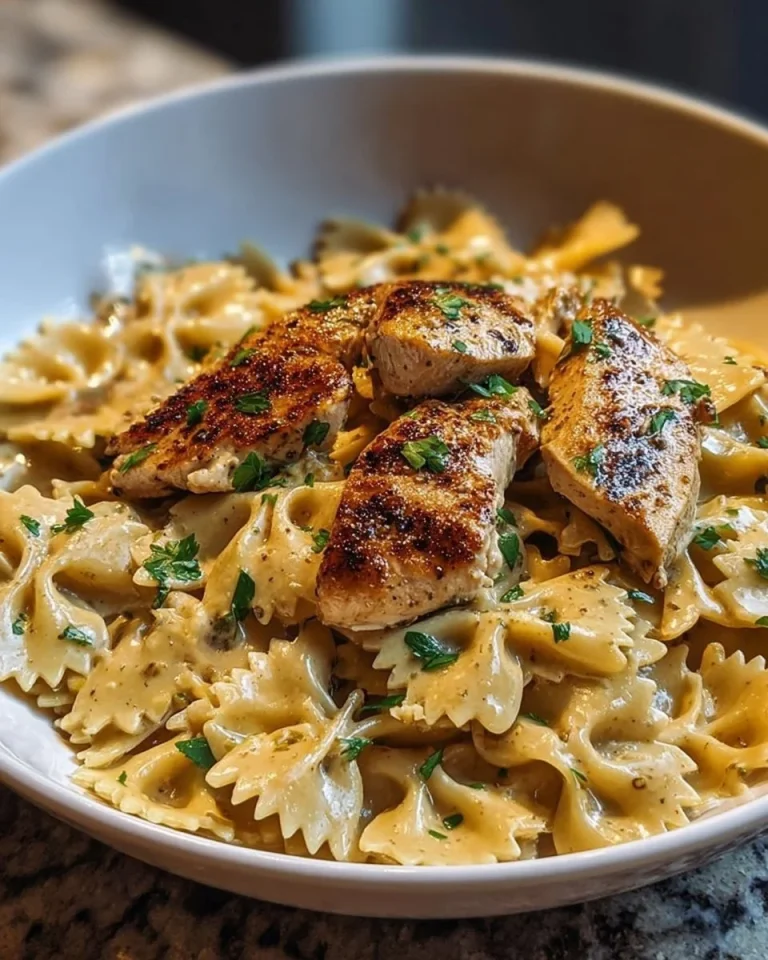 Savory Cajun chicken served on creamy Parmesan bowtie pasta