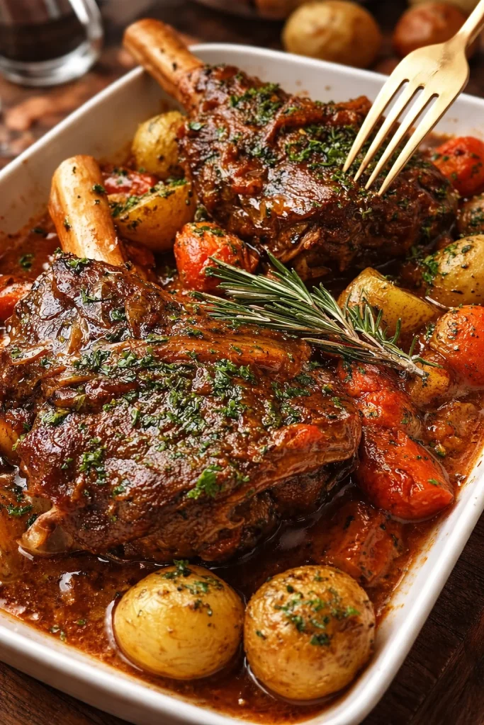 Slow-cooked braised lamb shanks with roasted potatoes and herbs on a plate
