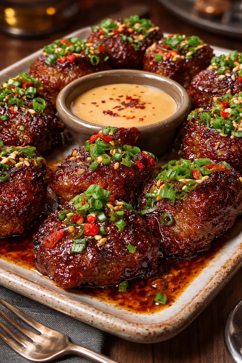 Spicy Korean Beef Bites served on a plate garnished with sesame seeds and green onions.