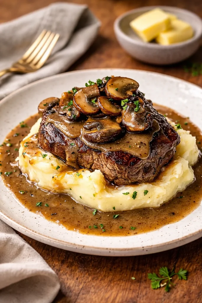 Steak with Mushroom Gravy and Creamy Mashed Potatoes