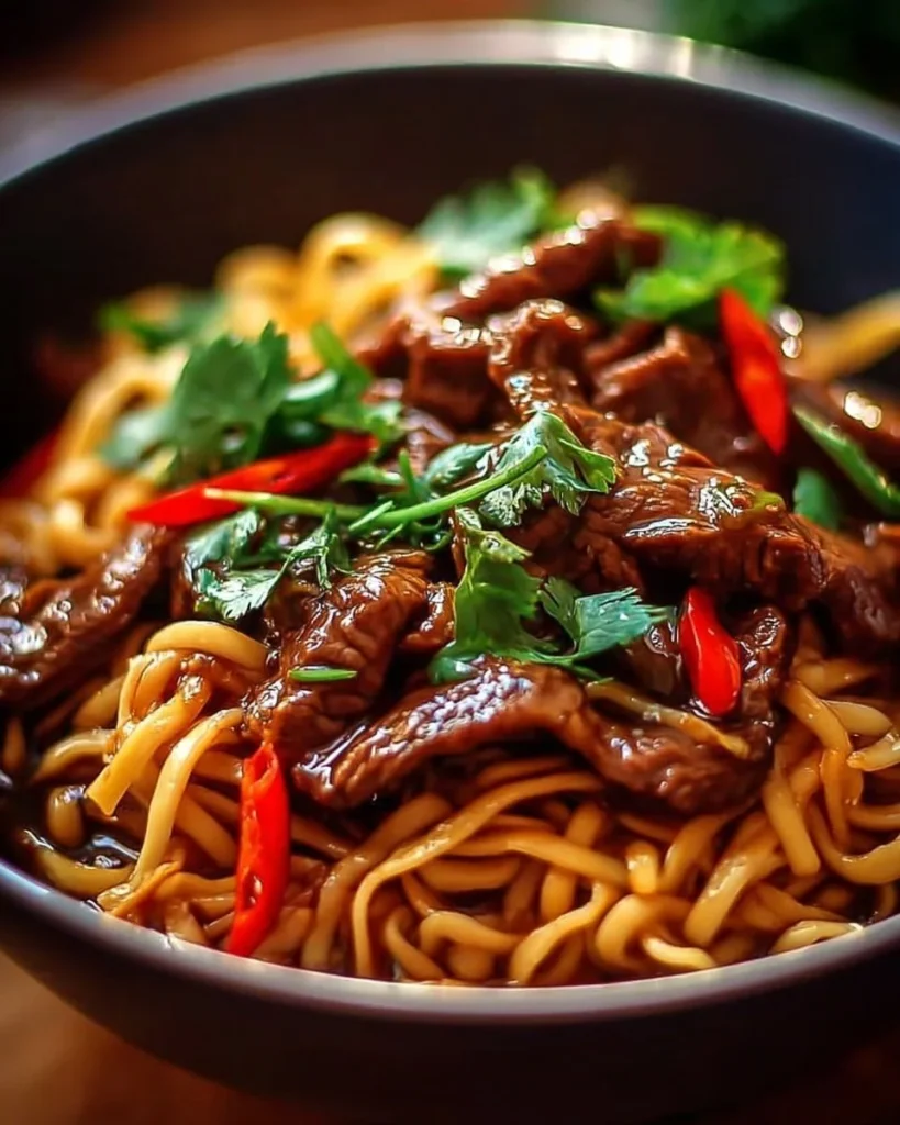 Delicious sticky beef noodles garnished with fresh herbs and vegetables