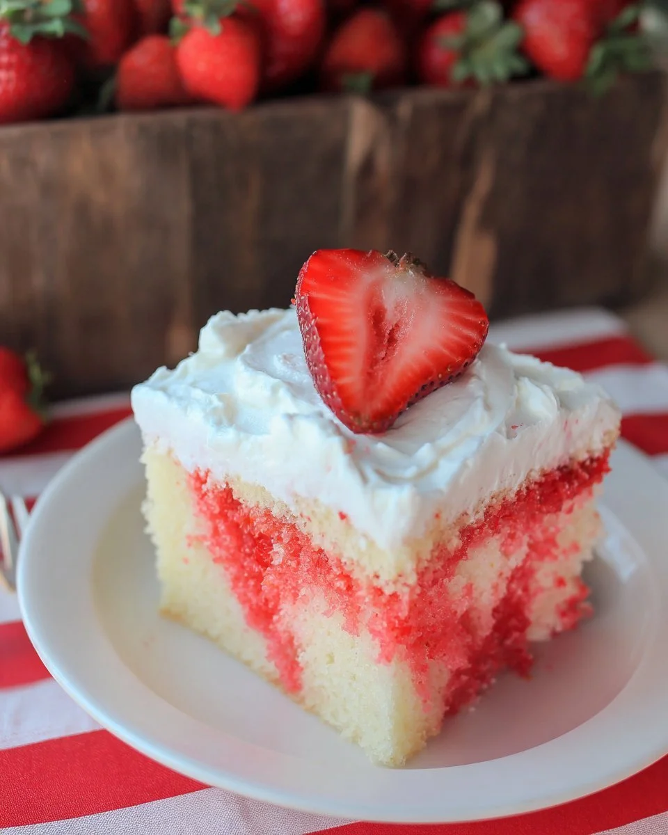Delicious strawberry cheesecake poke cake topped with fresh strawberries and whipped cream.