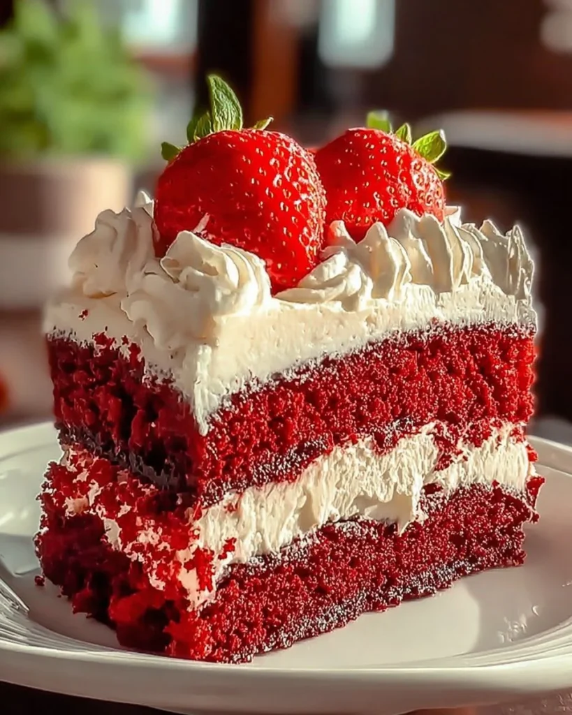 Delicious slice of Strawberry Earthquake Cake topped with strawberries and cream