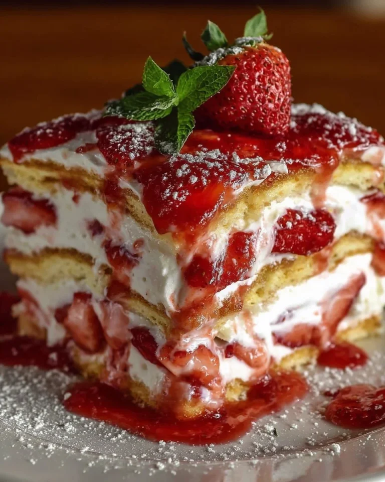 Strawberry lasagna layered with fresh strawberries and creamy filling