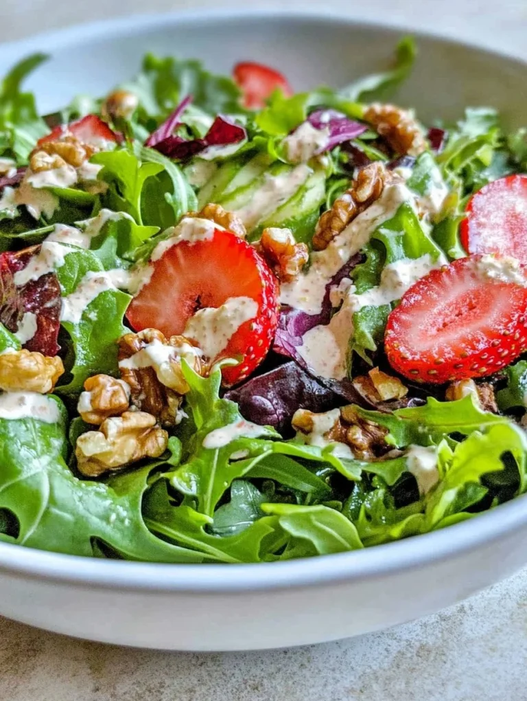 Fresh Strawberry Salad topped with Poppy Seed Dressing on a wooden table