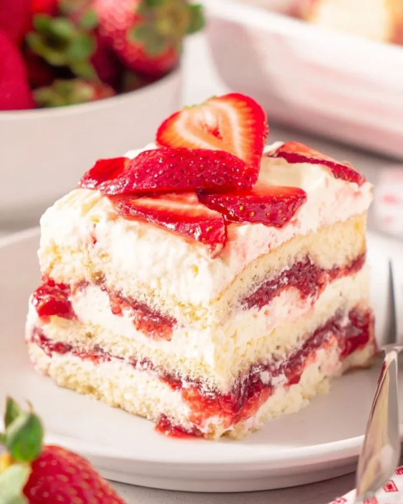 Delicious Strawberry Tiramisu dessert with layers of mascarpone, strawberries, and coffee.