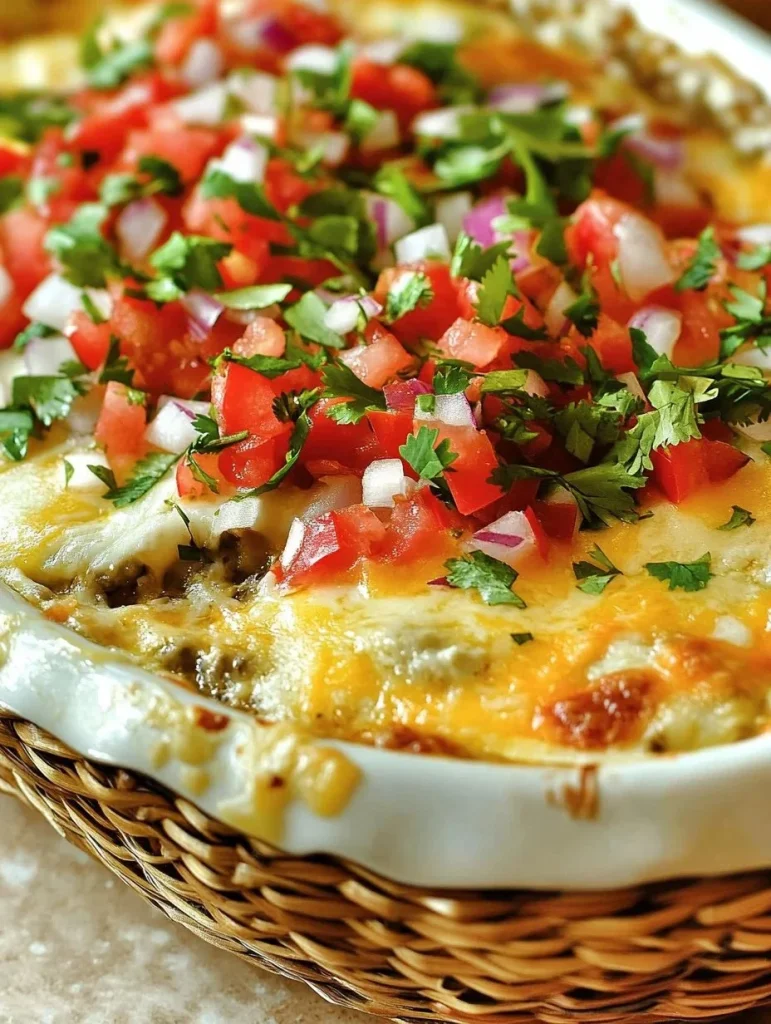 Delicious stuffed chile casserole topped with cheese and herbs