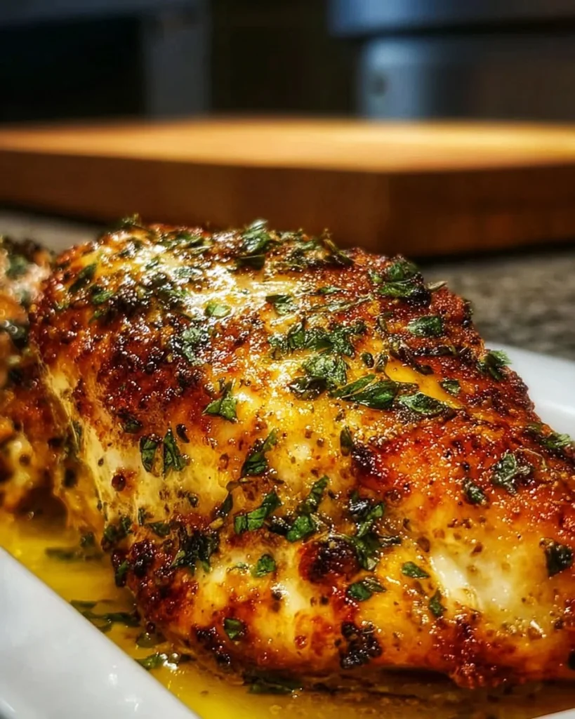Tender and juicy baked chicken served on a plate with herbs and spices.