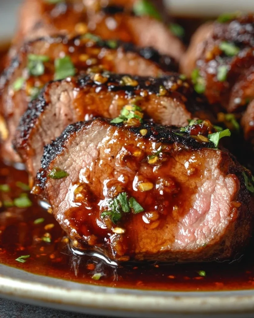 Tender slow cooker orange glazed beef tenderloin garnished with herbs