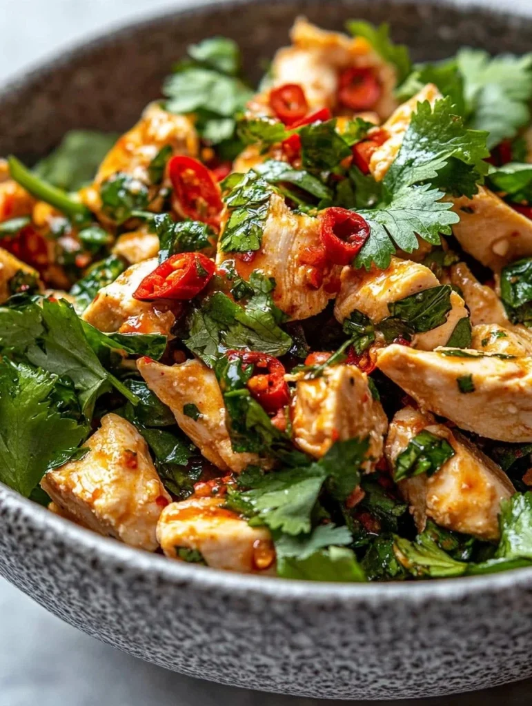 Plate of Thai Basil Chili Chicken garnished with fresh basil and chilies