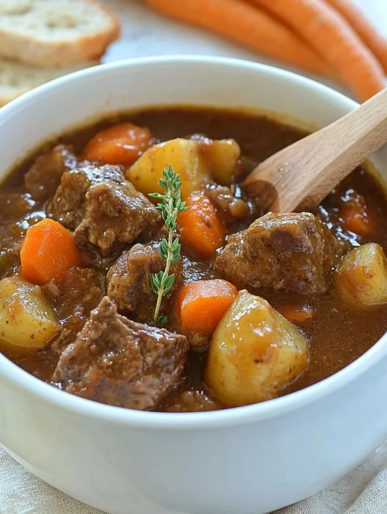 Bowl of traditional Irish beef stew with vegetables and herbs