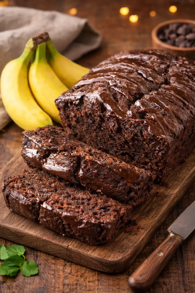 Triple Chocolate Banana Bread with chocolate chunks and bananas