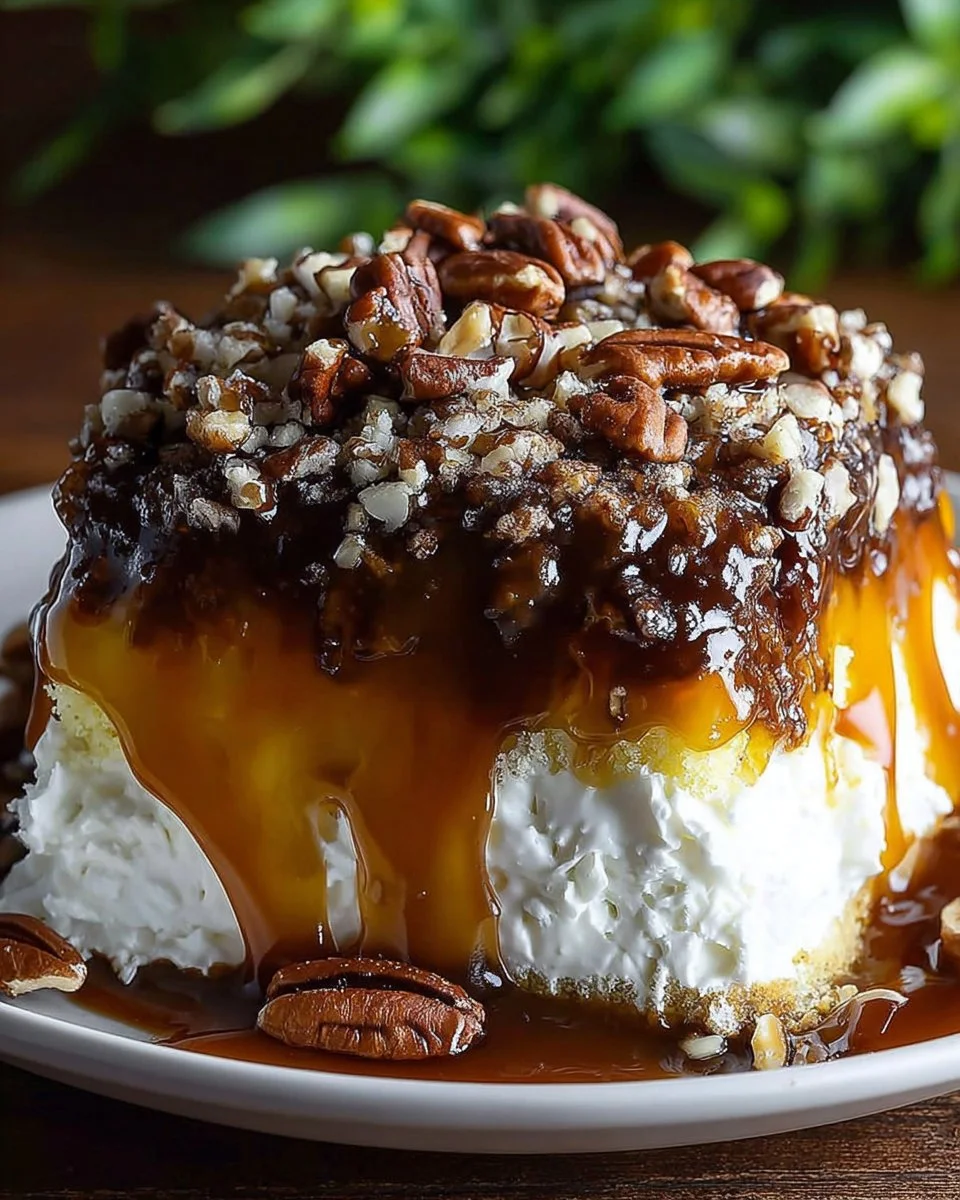 Delicious Turtle Poke Cake topped with chocolate, caramel, and pecans.