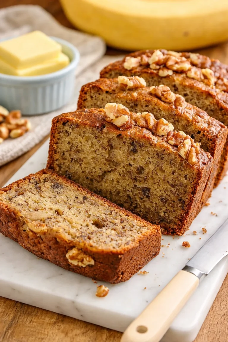Sliced banana nut bread on a wooden board with walnuts and bananas