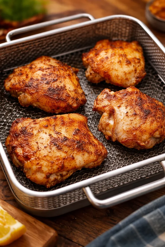 Crispy air fryer chicken thighs served with herbs and spices