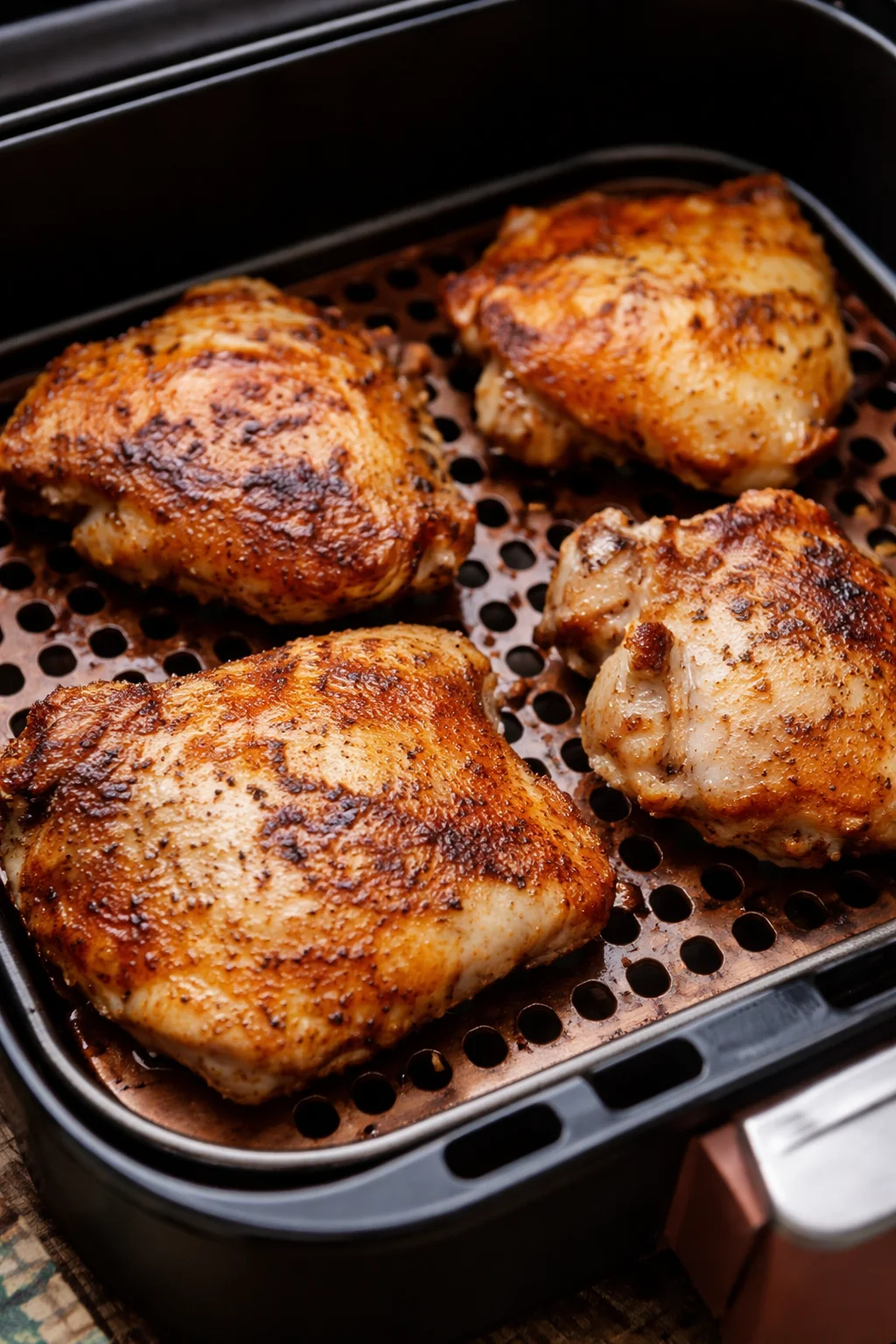 Crispy and juicy air fryer chicken thighs served with herbs and spices