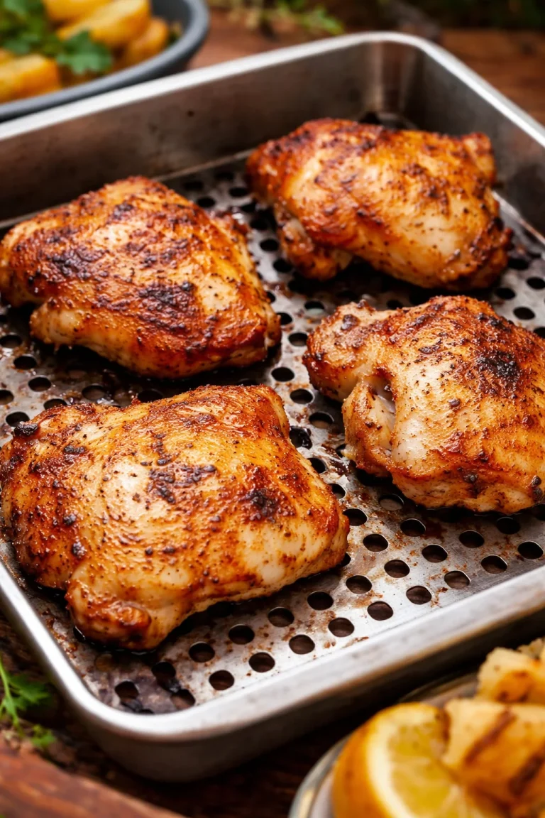 Crispy Air Fryer Chicken Thighs garnished with herbs on a plate
