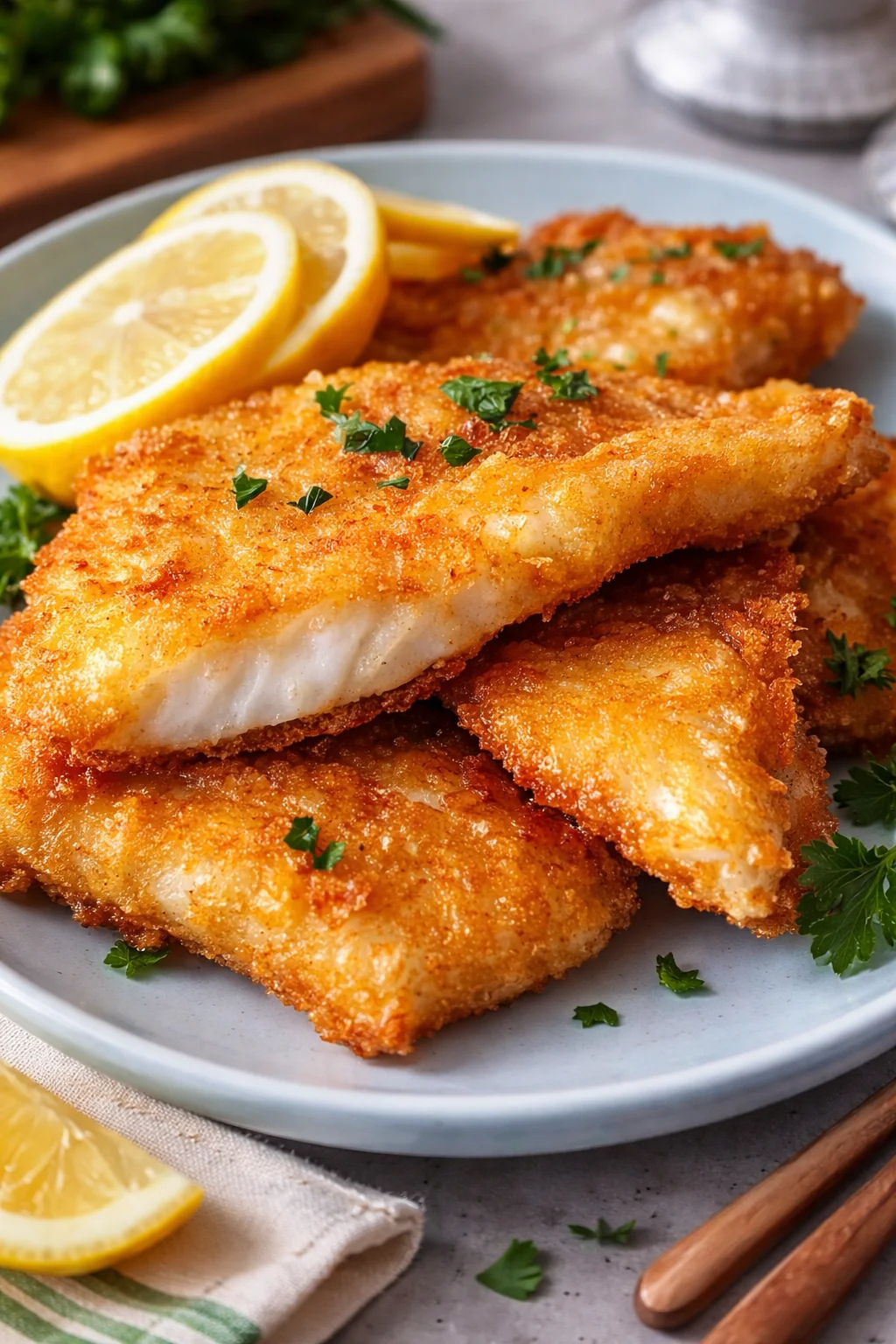 Delicious air fried cod fillets served with lemon and herbs