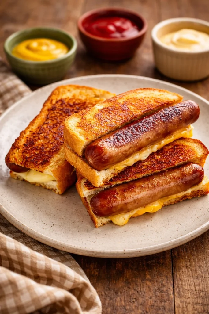 Delicious air fryer grilled cheese hot dogs served on a plate with toppings
