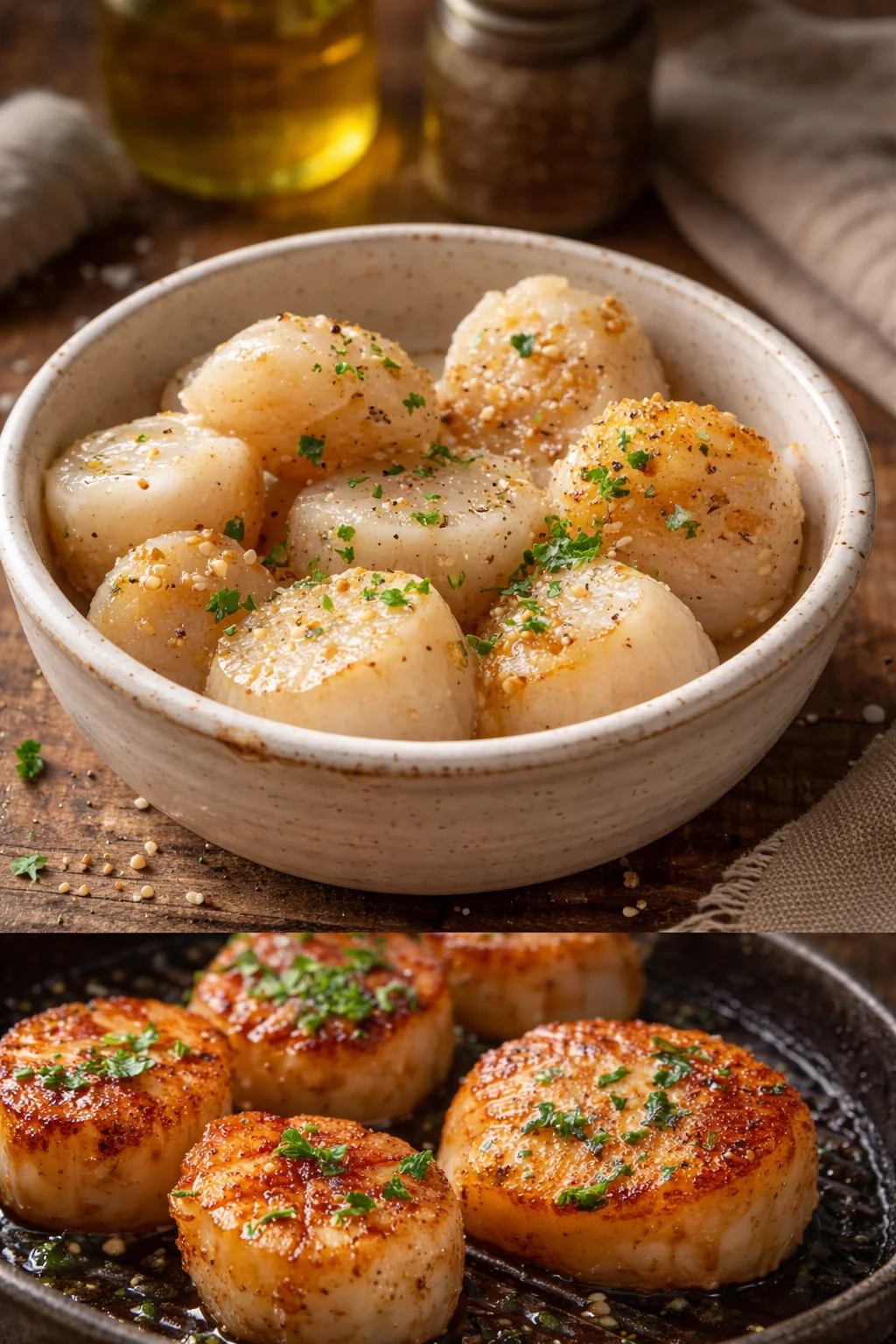 Air Fryer Scallops Crispy air fryer scallops with lemon garnish on a plate