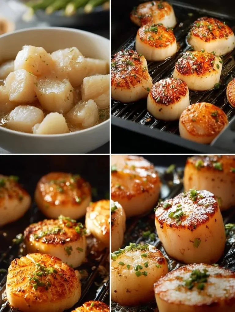 Cooked air fryer scallops served on a plate with garnish