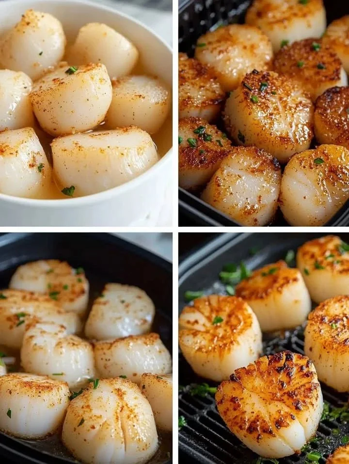 Air Fryer Scallops Crispy air fryer scallops garnished with herbs on a plate