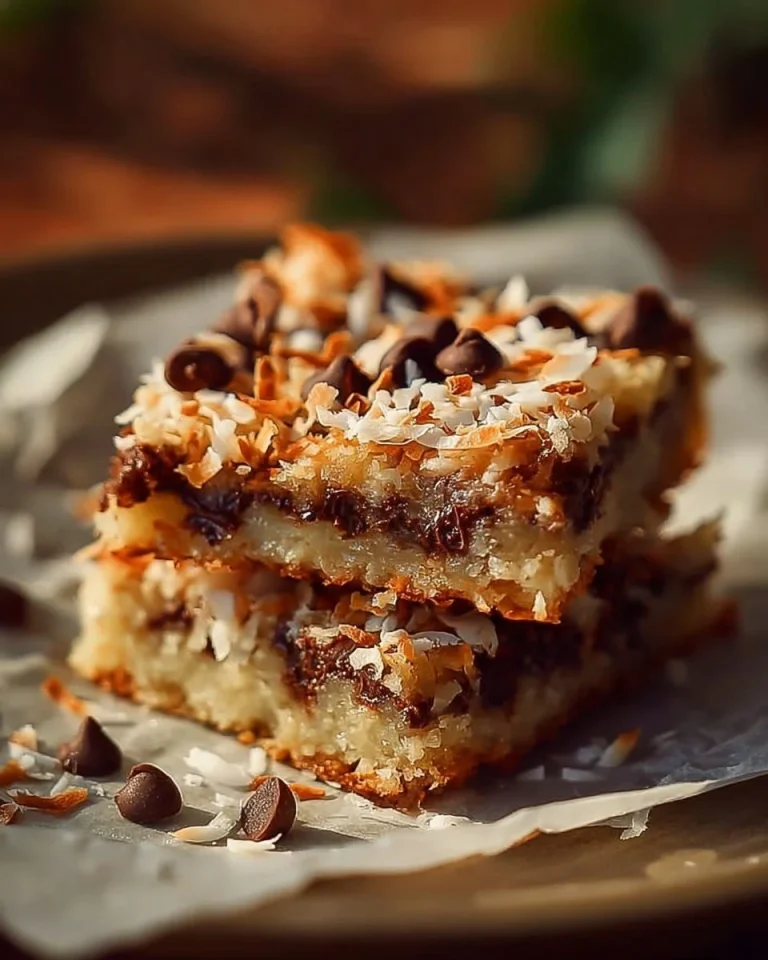Delicious Almond Joy Magic Cookie Bars topped with chocolate, coconut, and almonds