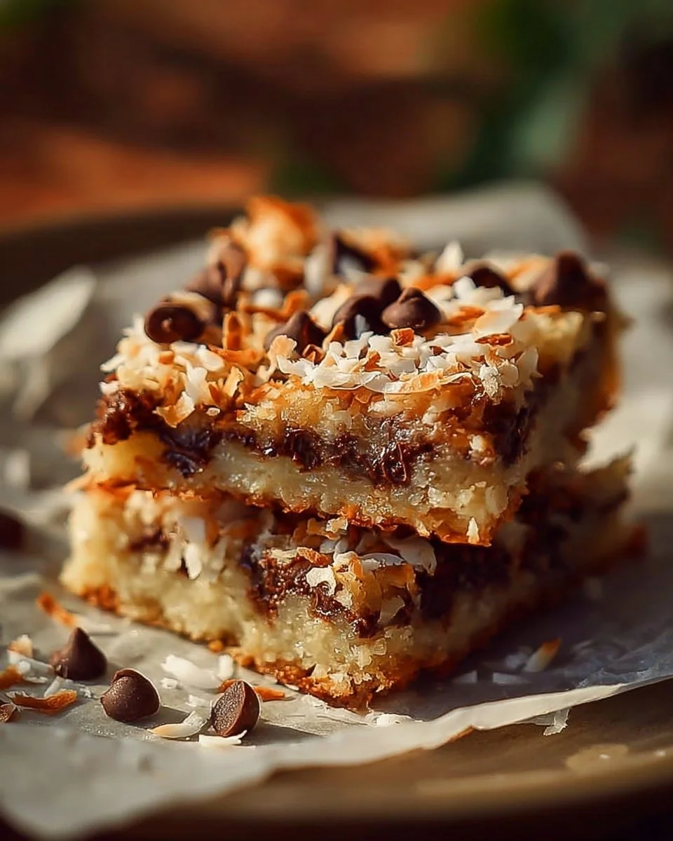 Delicious Almond Joy Magic Cookie Bars topped with chocolate, coconut, and almonds