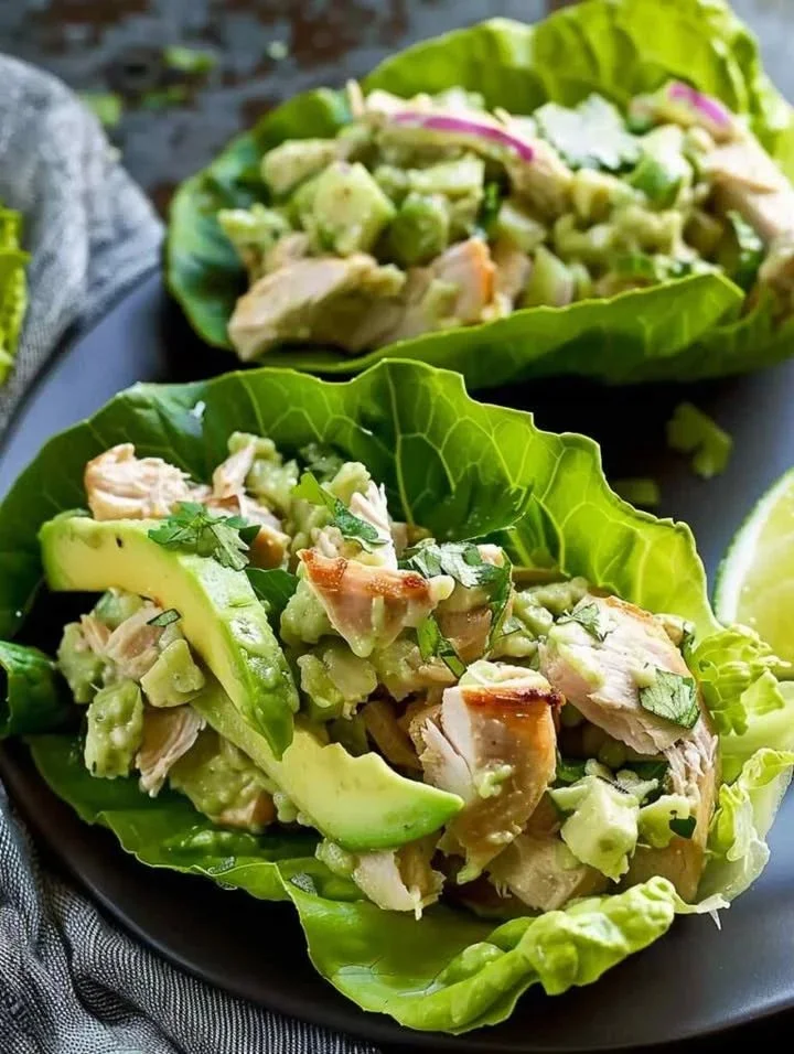 Avocado Chicken Salad Lettuce Wraps Delicious Avocado Chicken Salad Lettuce Wraps served on a plate