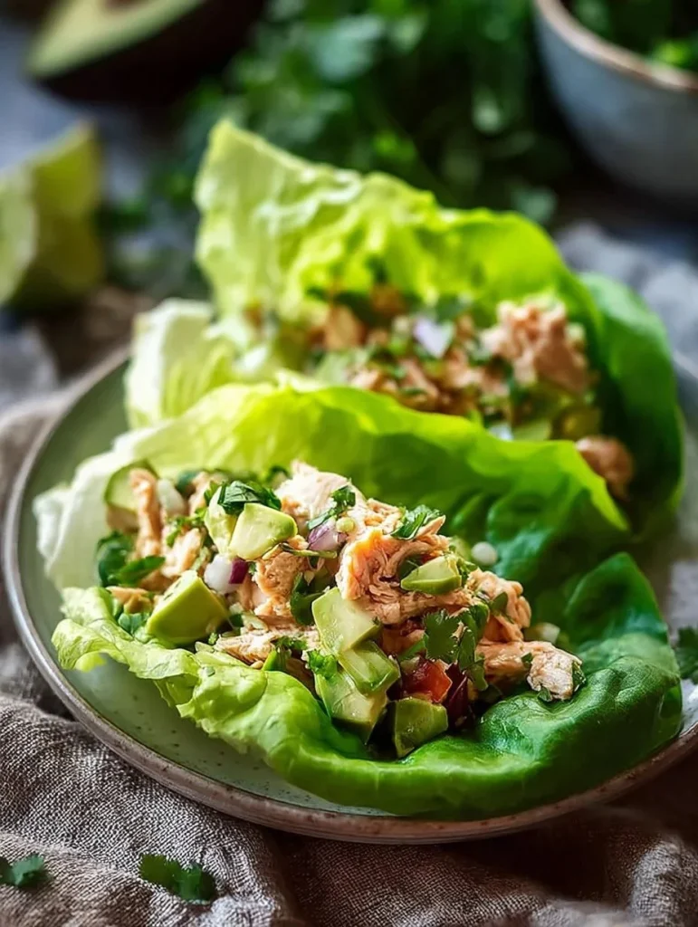 Avocado chicken salad lettuce wraps served on a plate with fresh ingredients.