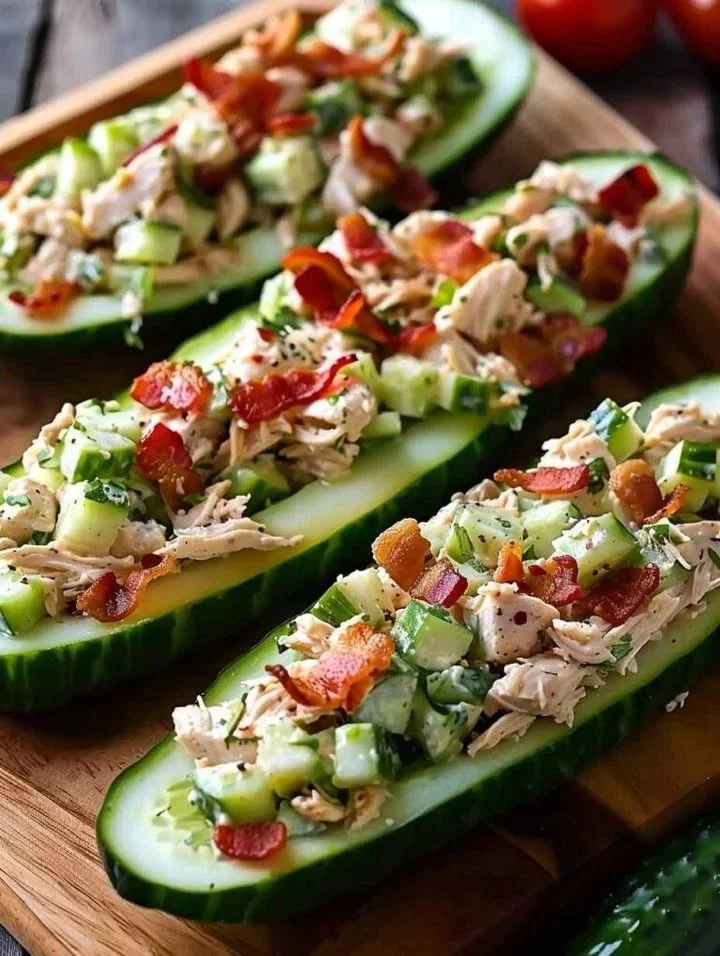Bacon Ranch Chicken Salad Cucumber Boats Bacon Ranch Chicken Salad served in cucumber boats on a platter
