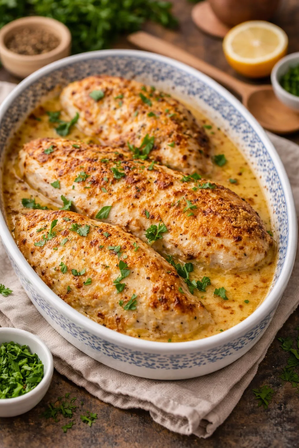 Delicious Baked Chicken Caesar served with crisp romaine and creamy dressing