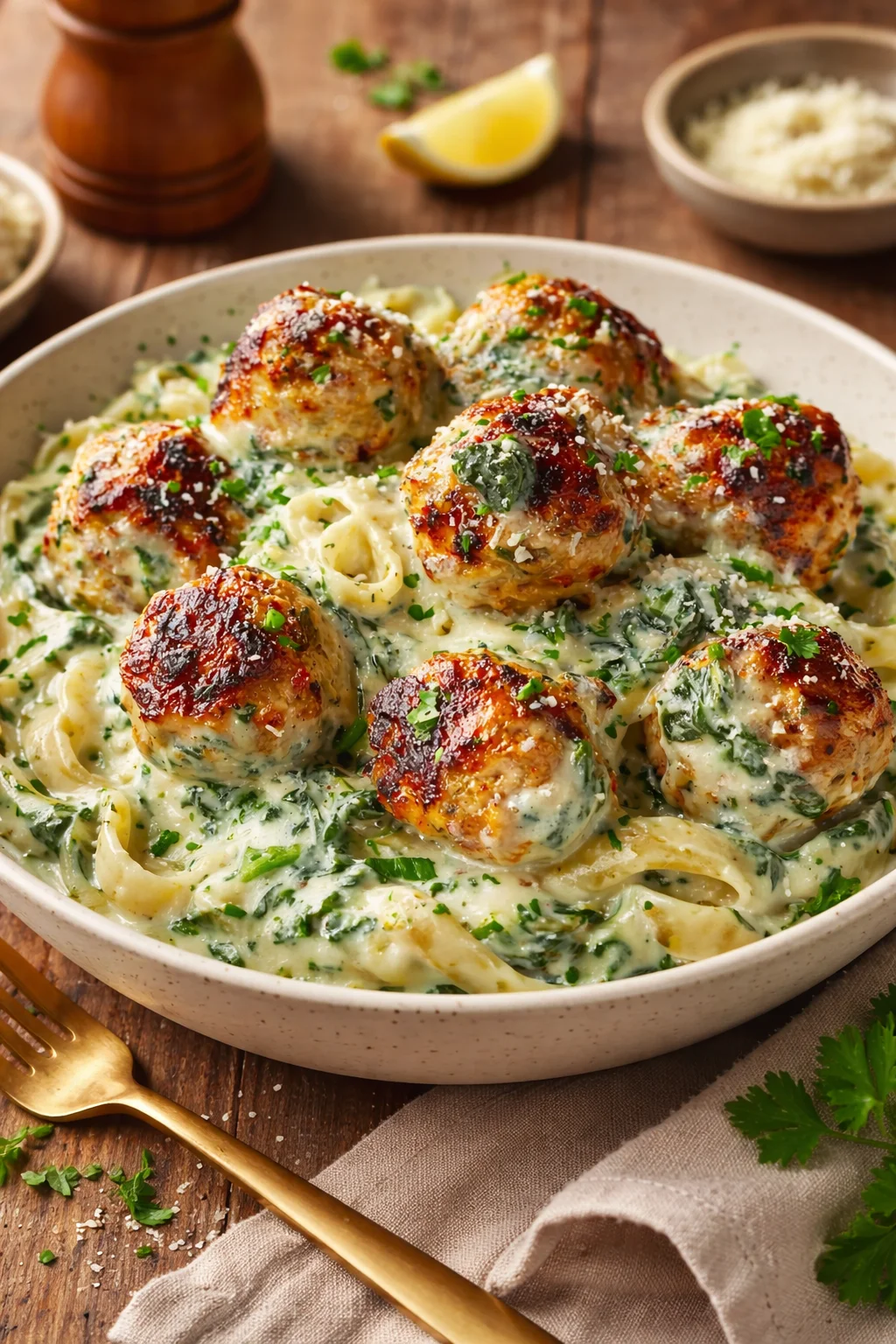 Baked chicken meatballs with ricotta and spinach Alfredo sauce on a plate.