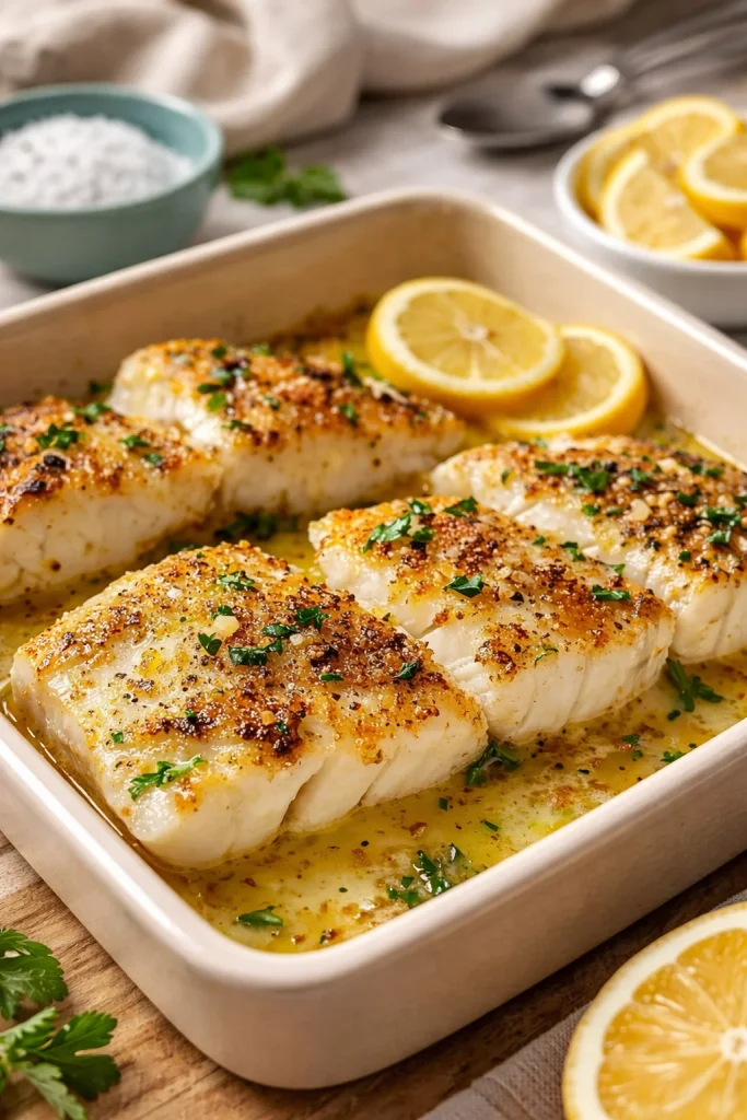 Baked cod fillet garnished with lemon and garlic, served on a plate