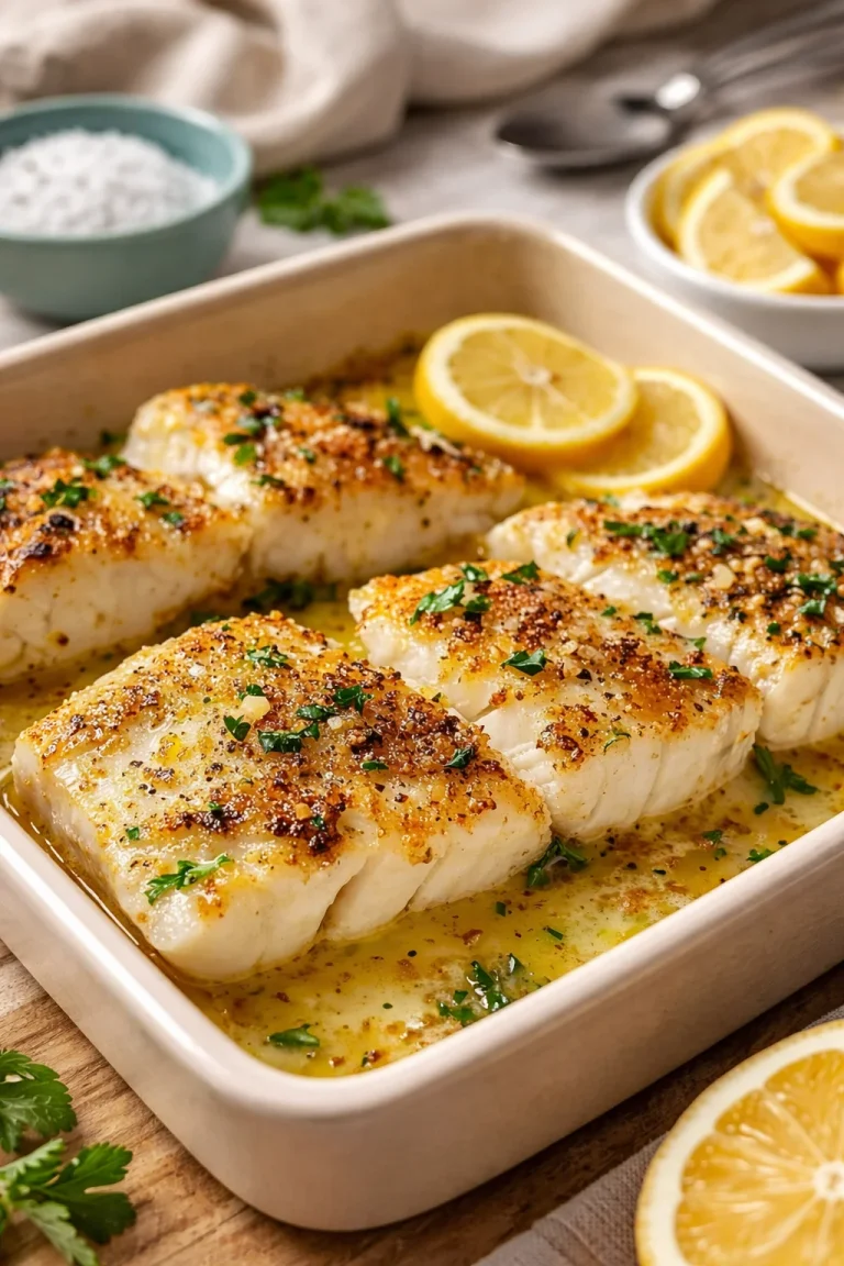 Baked cod fillet garnished with lemon and garlic, served on a plate